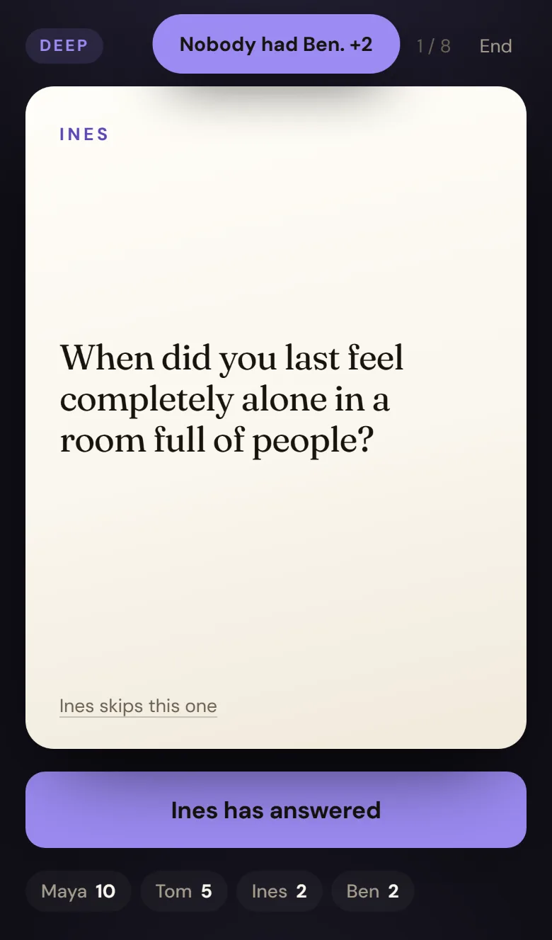 The deep round in violet: MAYA, Who here knows you best — and are they right? A toast reads Nobody had Maya. +2.