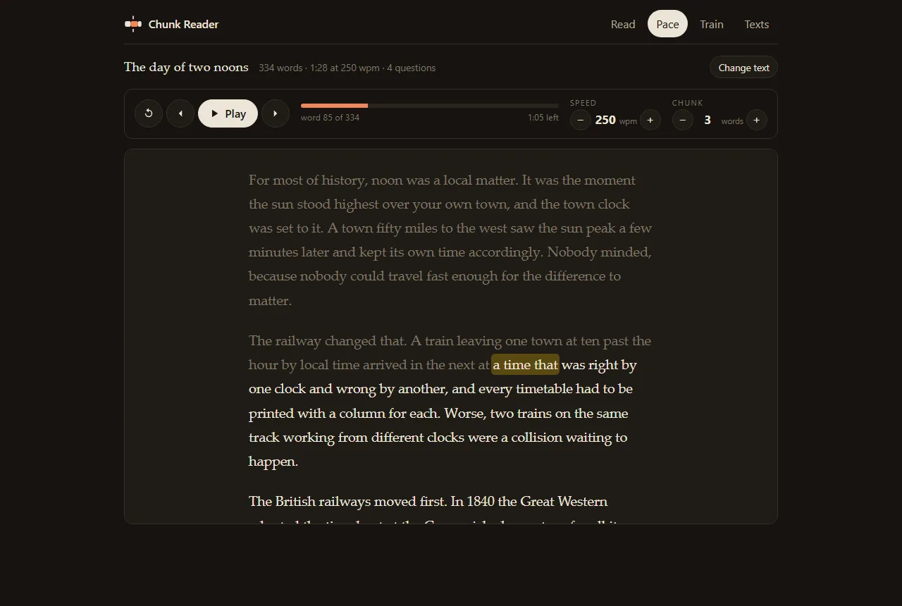 Pace mode in dark mode: cream serif text on a near-black page, the current chunk marked in a dark amber.