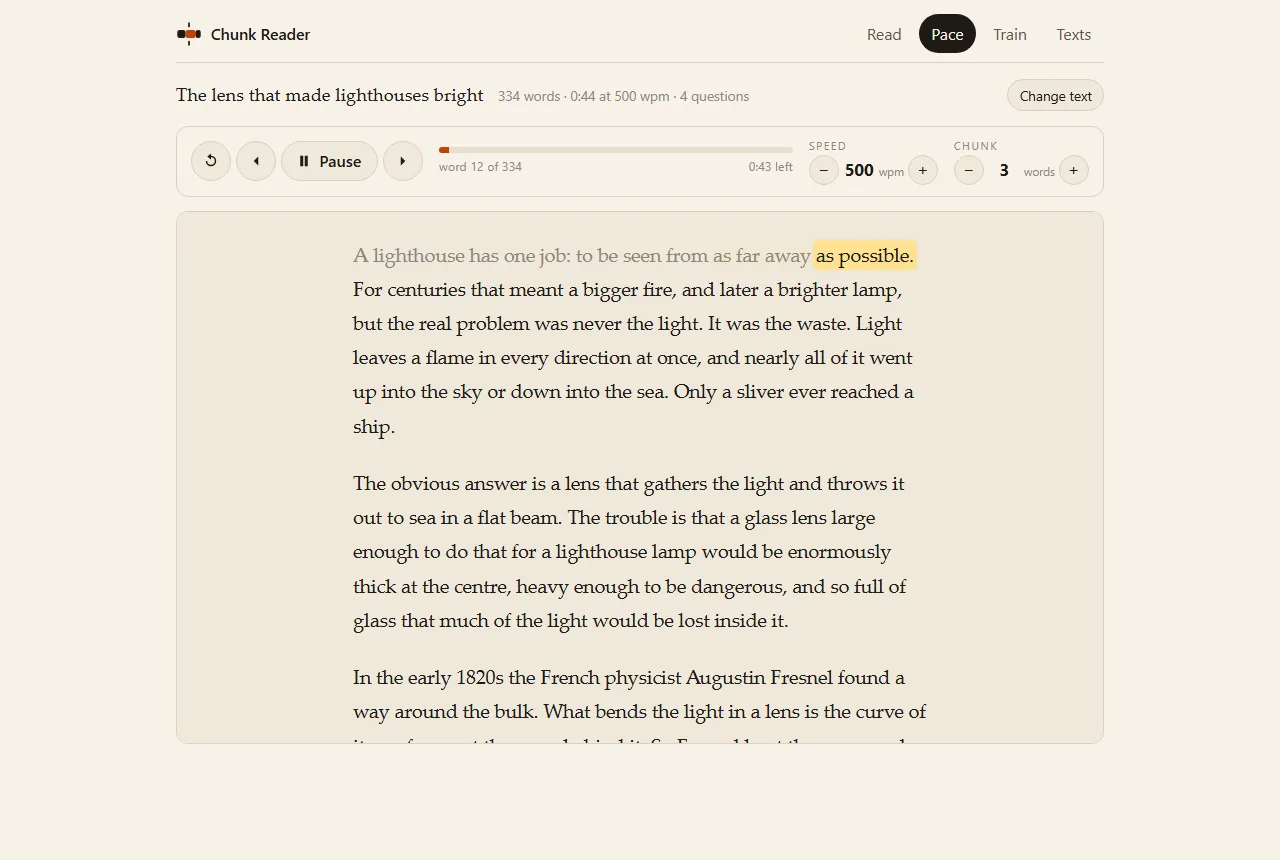 The Pace tab: the whole lighthouse text on the page in a serif, the first eleven words greyed as read and the chunk as possible highlighted in yellow, the transport above it.