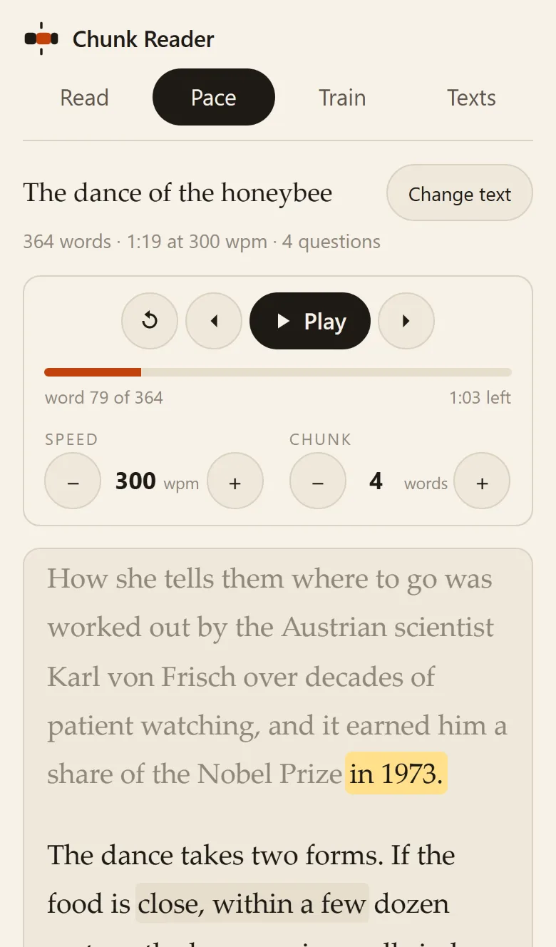 Pace in an iPhone 13 viewport: the transport at the top and the honeybee text below with the words in 1973 highlighted and the paragraph before it greyed as read.