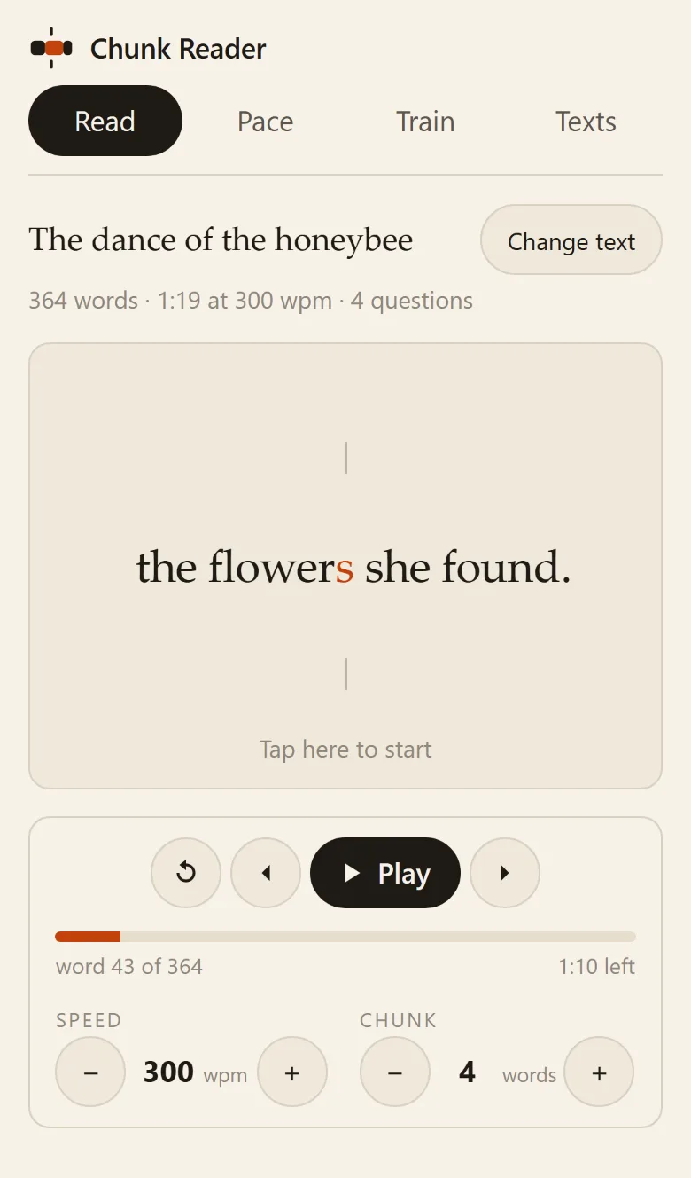 Read in an iPhone 13 viewport: the honeybee text, a four-word chunk the flowers she found on the stage with its fixation letter in orange, the hint Tap here to start, and the transport with thumb-sized speed and chunk knobs below.