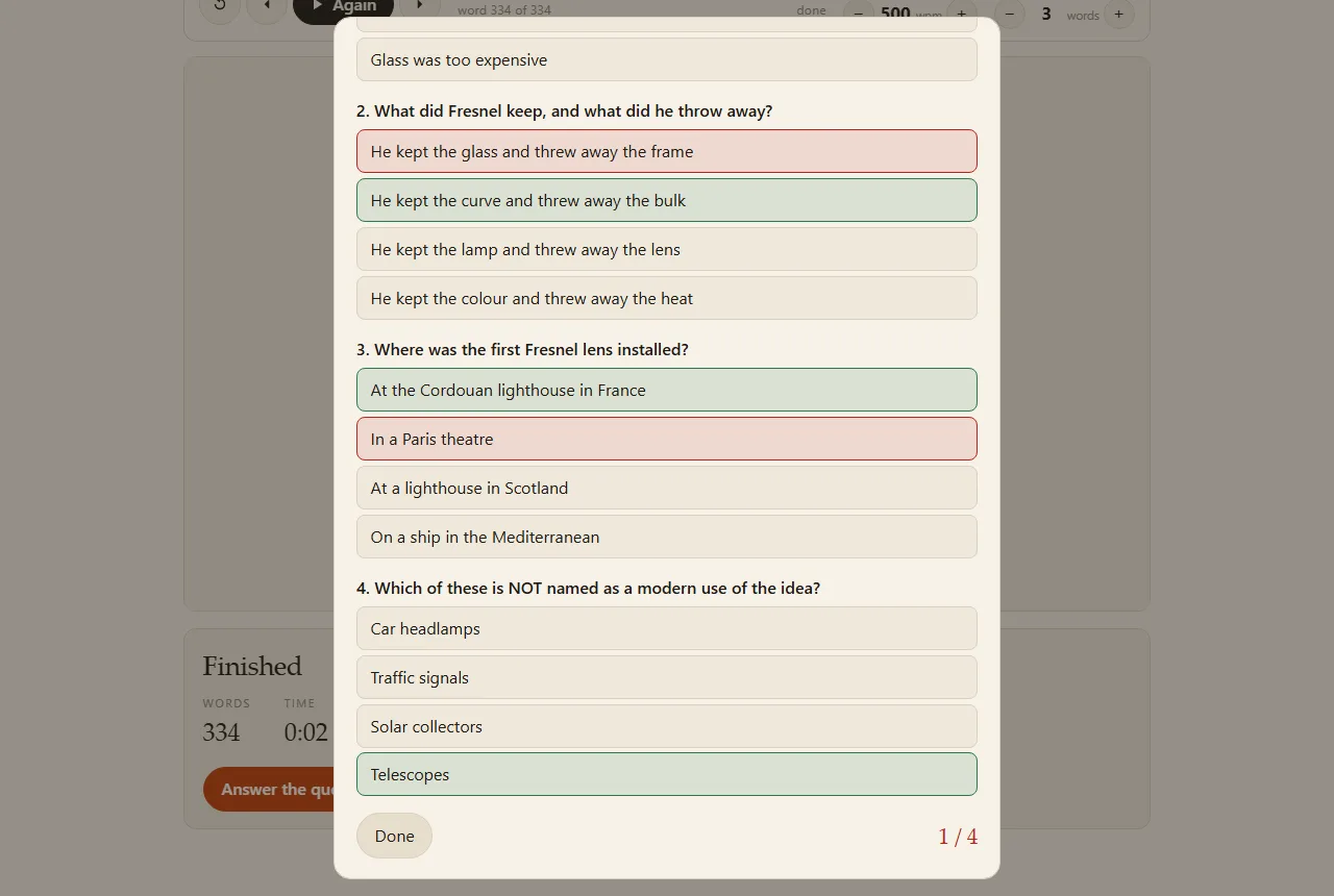 The questions overlay after a read: four multiple-choice questions about the lighthouse text, correct answers tinted green, the wrong picks tinted red, and a score of 1 of 4.