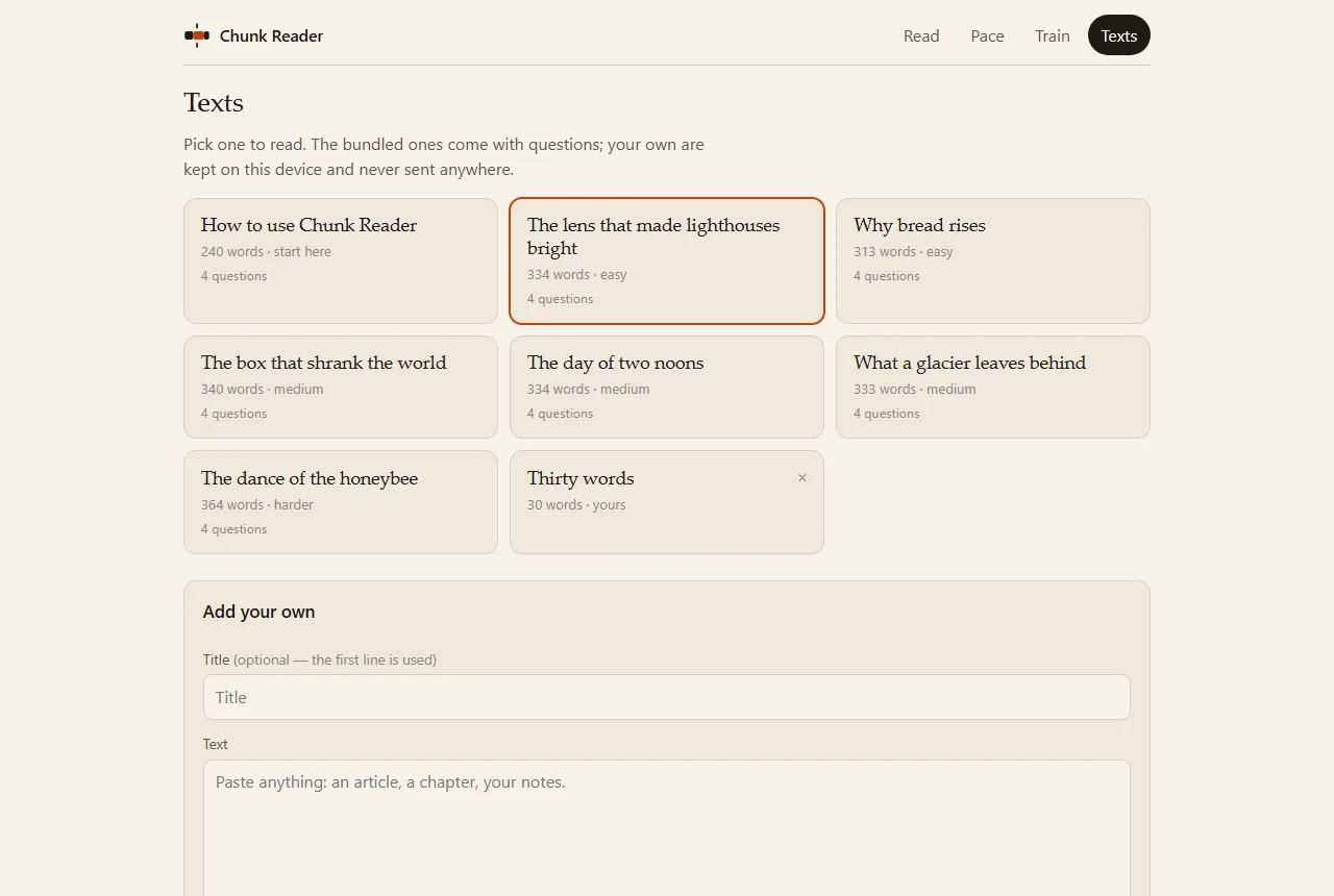 The Texts tab: a grid of seven bundled texts with word counts and question counts, one card of the user's own with a remove cross, and the Add your own form below.