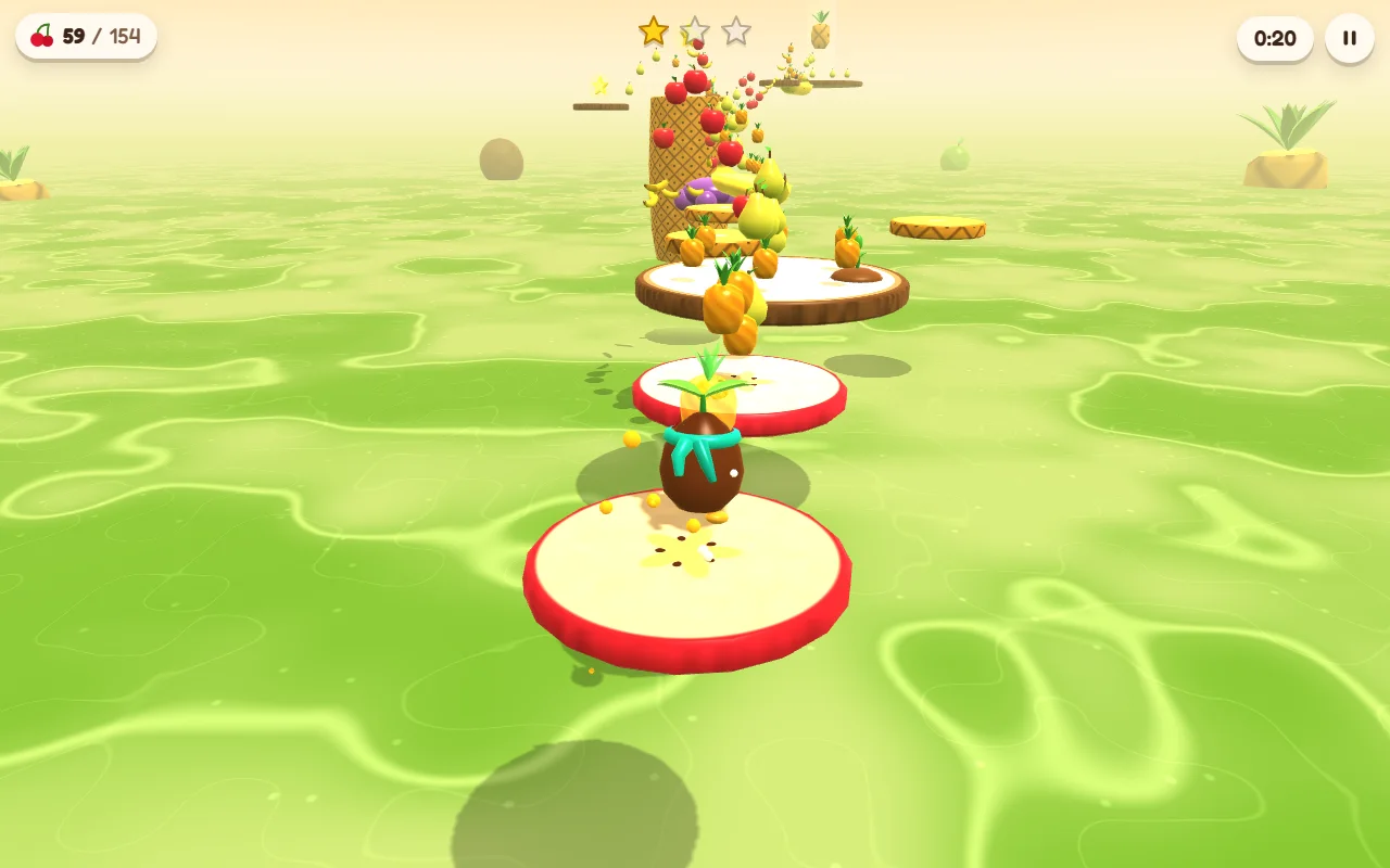 Pip landing on a slice of apple: white flesh, a star of core in the middle, red skin round the rim. Another slice and half a coconut lead on to a pineapple tower hung about with pears, apples and tiny pineapples.