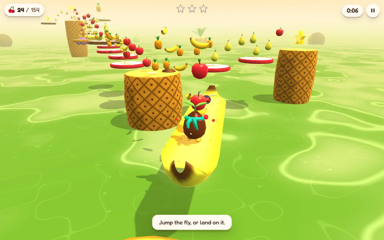 Banana Canopy: Pip runs along a yellow banana with brown freckles over a green sea, a fruit fly ahead of him on it. Pineapple towers with diamond-patterned skin stand to either side, red-skinned apple slices lead off behind them, and bananas, pears and small pineapples hang along the way. A hint reads: Jump the fly, or land on it.
