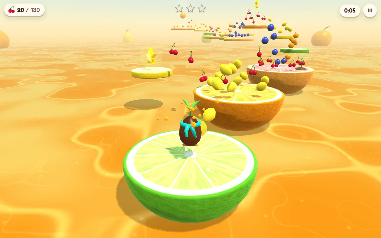 Fruitland's first island, seen from behind Pip: a small dark-brown seed with a teal scarf and two green leaves on its head, standing on half a lime that floats cut side up in a sea of orange juice. Ahead, halves of orange and grapefruit lead away into the haze, with trails of lemons, cherries and blueberries hanging over the gaps, a star fruit over a slice of lemon off to the left, and giant whole oranges on the horizon. A counter in the corner reads 20 of 130.