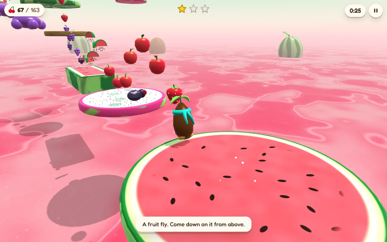 Melon Reef: a pink sea. Pip stands on the rim of a round slice of watermelon with black seeds. A dark fruit fly with red eyes hovers over a slice of dragon fruit ahead; apples and melon wedges arc on to a block of watermelon and two fat purple grapes. A hint reads: A fruit fly. Come down on it from above.