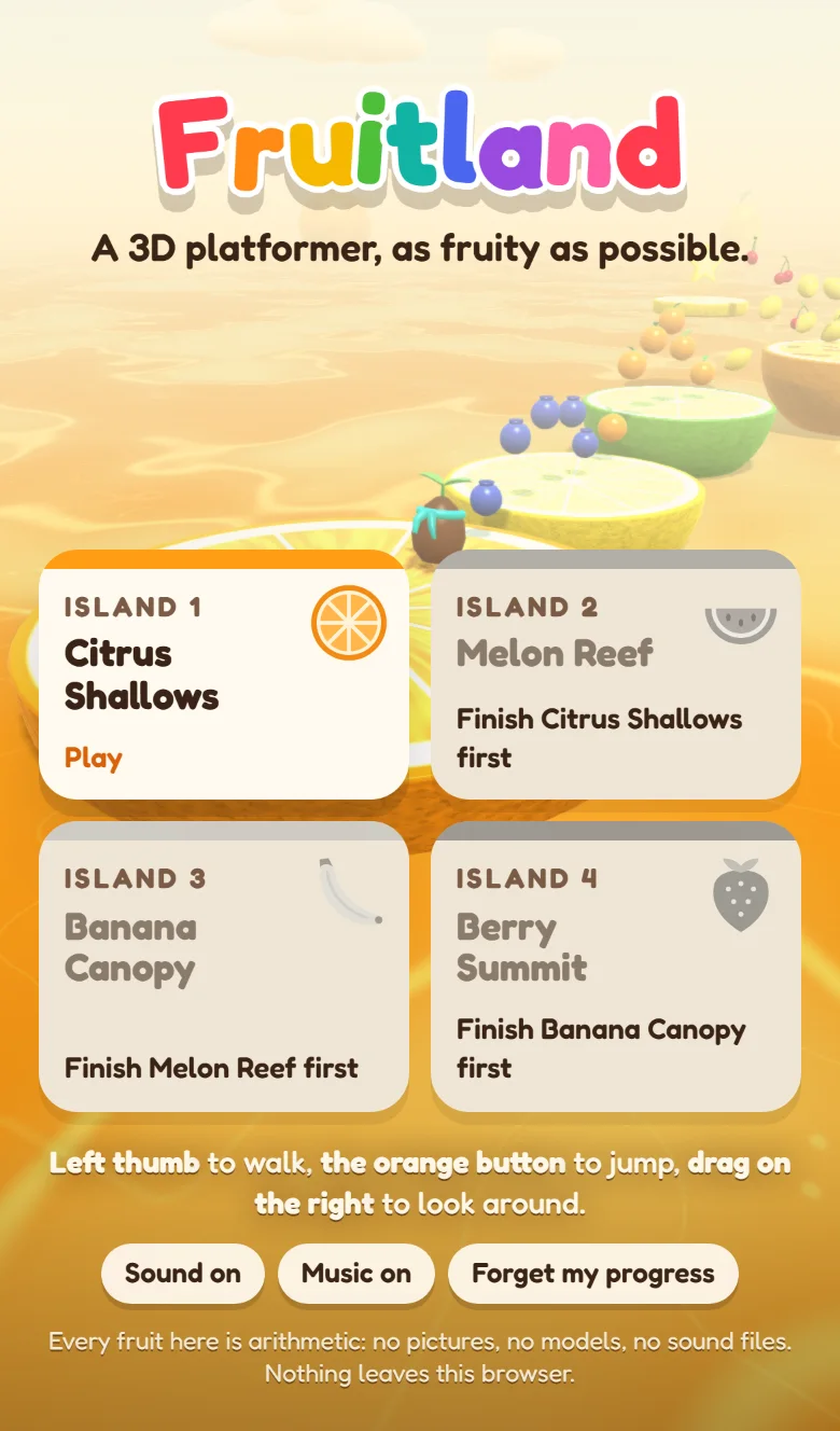 The title screen in an iPhone 13 viewport: the logo, the demo playing behind it, the four islands two by two with only Citrus Shallows open, the line Left thumb to walk, the orange button to jump, drag on the right to look around, and three small switches for sound, music and forgetting progress.