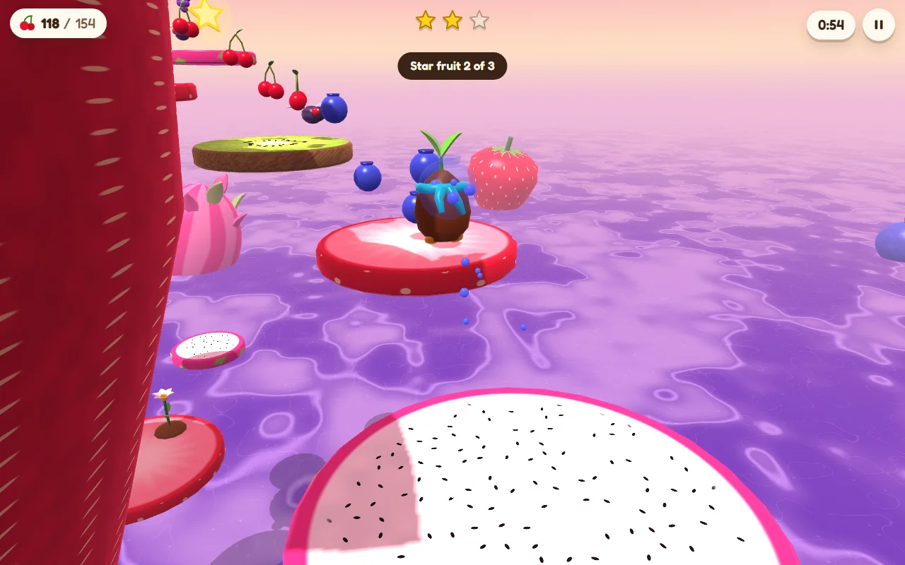 Berry Summit: the red wall of a giant strawberry, with pale seeds, fills the left edge. Pip stands on a strawberry slice high over a purple sea; a slice of kiwi and a slice of dragon fruit climb on round the berry towards a star fruit, a flowering sprout stands on the slice below, and a toast reads Star fruit 2 of 3.