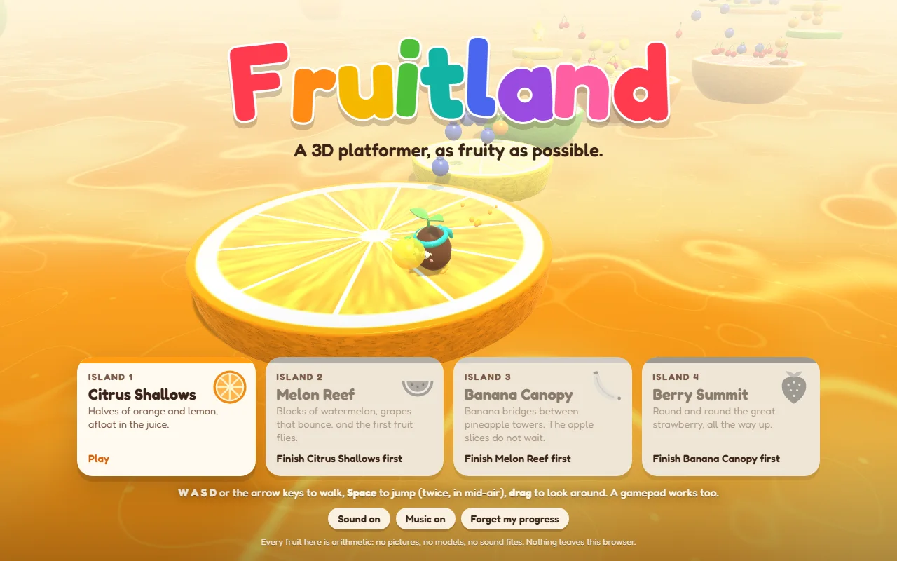 The title screen: Fruitland in fat rounded letters, each a different colour, over the demo playing on half an orange. Four island cards run along the bottom: Citrus Shallows is open and says Play; Melon Reef, Banana Canopy and Berry Summit are greyed out, each naming the island to finish first.
