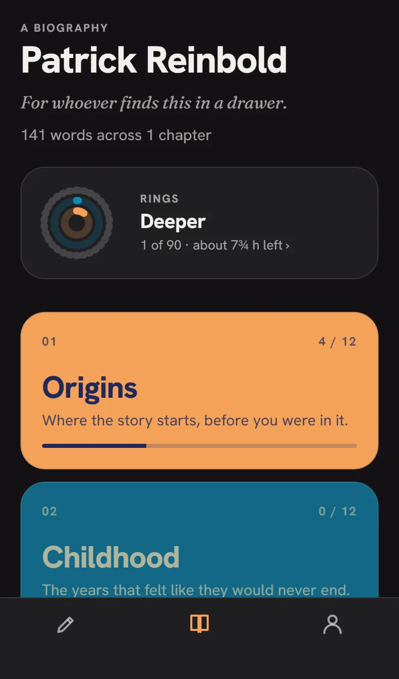 The Book tab in Pop: name and dedication, then a deck of solid colour chapter cards with progress bars.