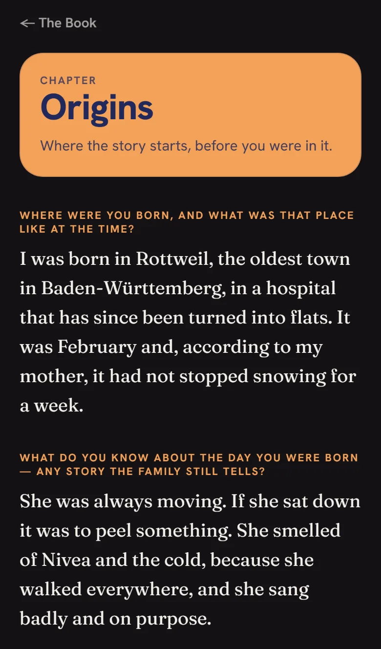 A chapter read as a book: the Origins card, then each question set small in orange above the answer in a serif.