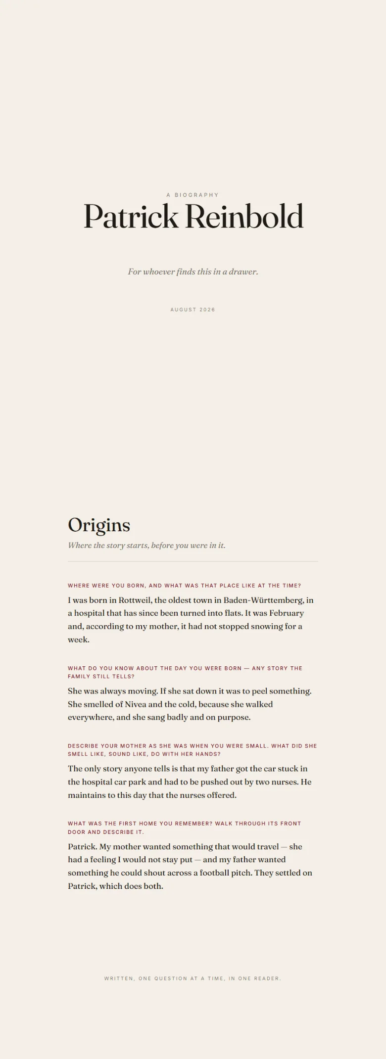 The exported HTML book opened in a browser: a title page, then the Origins chapter set in a serif face.