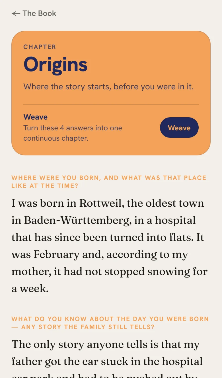 The same chapter screen in Pop Light: cream ground, the orange Origins card, prose in a serif.