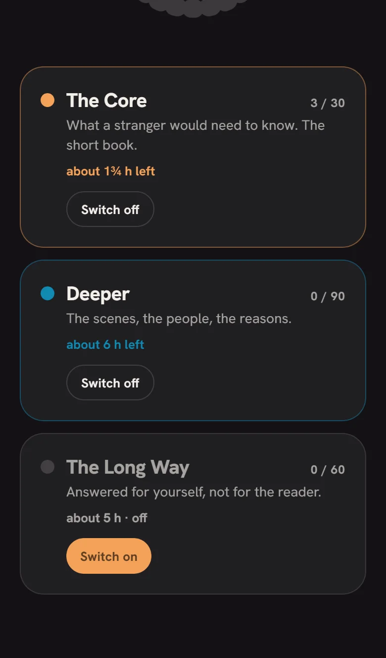The Rings screen: The Core and Deeper switched on with time left for each, The Long Way off with a Switch on button.