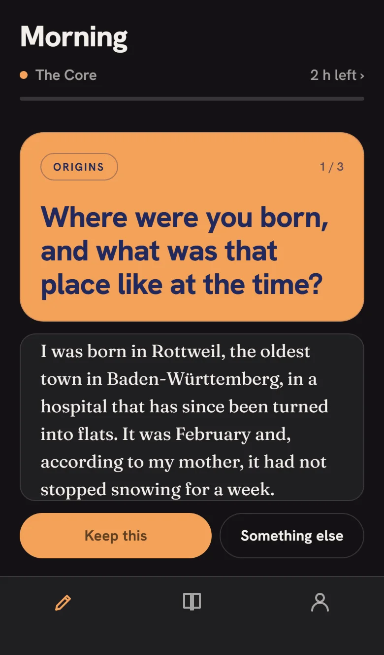 The Today screen on a phone in the Pop theme: an orange Origins card with the question in heavy indigo grotesk, an answer being written beneath it, and an orange pill button.