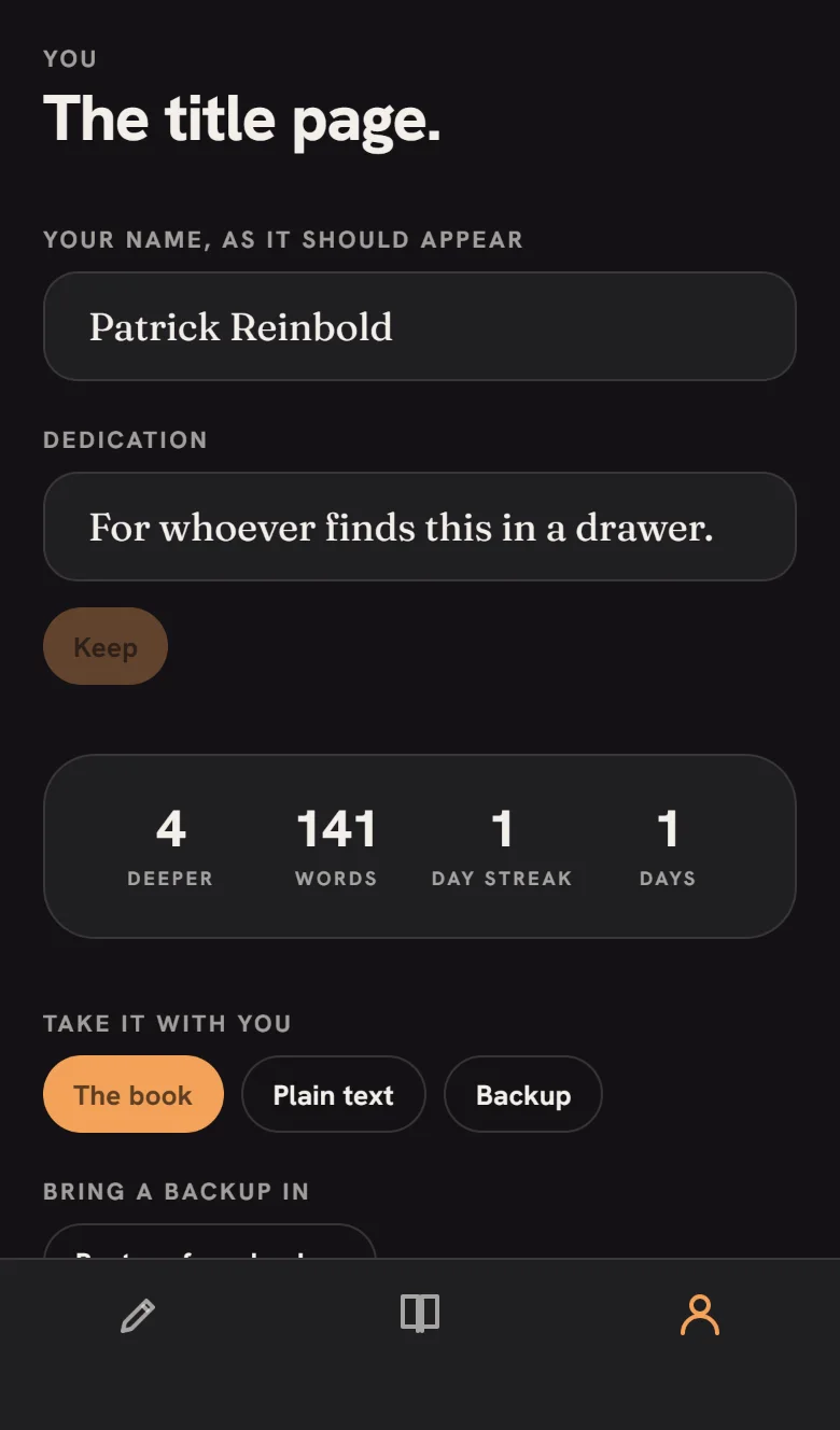 The You tab: name and dedication fields, statistics card, export and restore buttons.