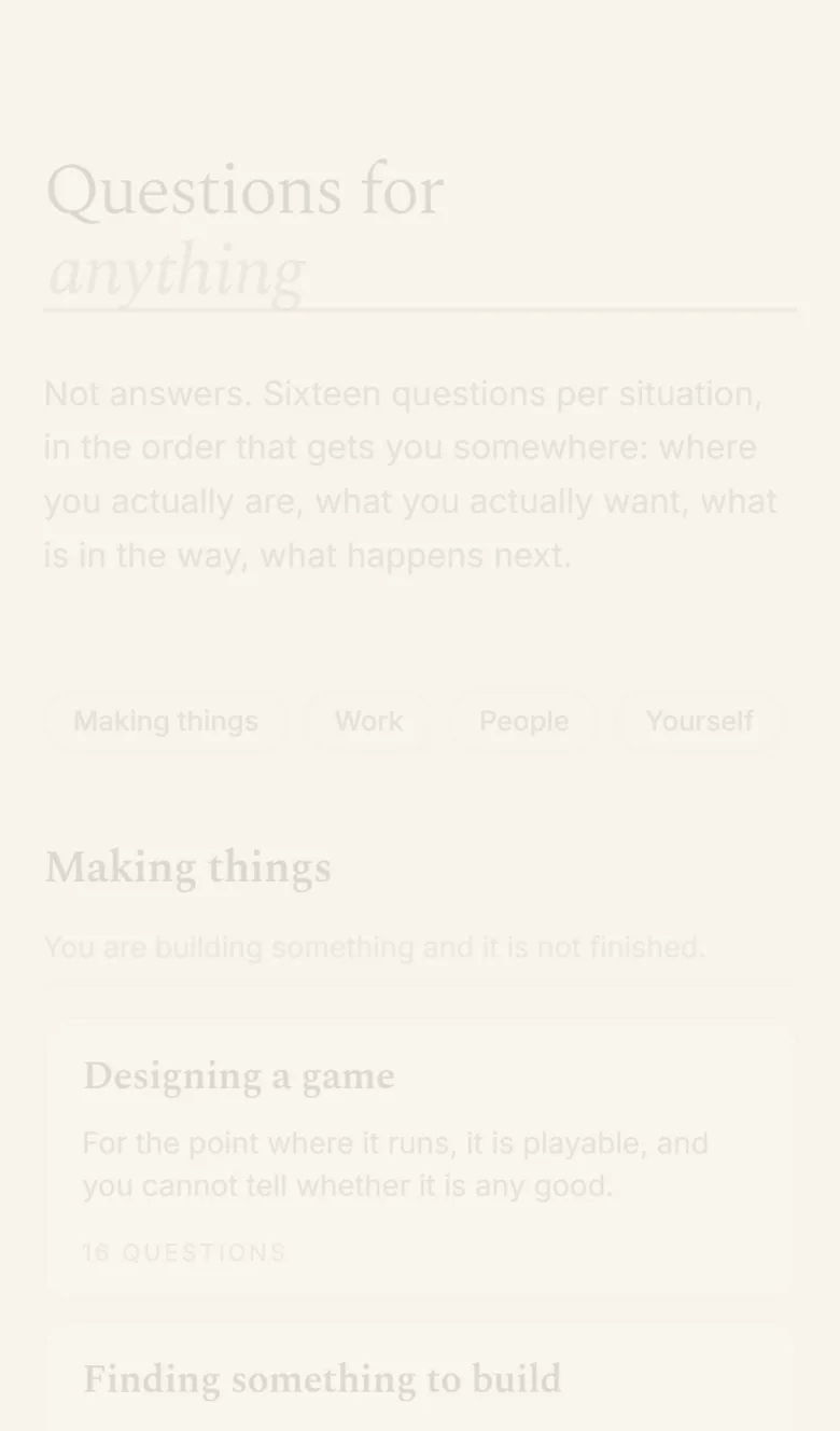The index on a phone: the heading reads Questions for, with the word anything sitting on a ruled blank that is also the search box, then shelves of stacks.