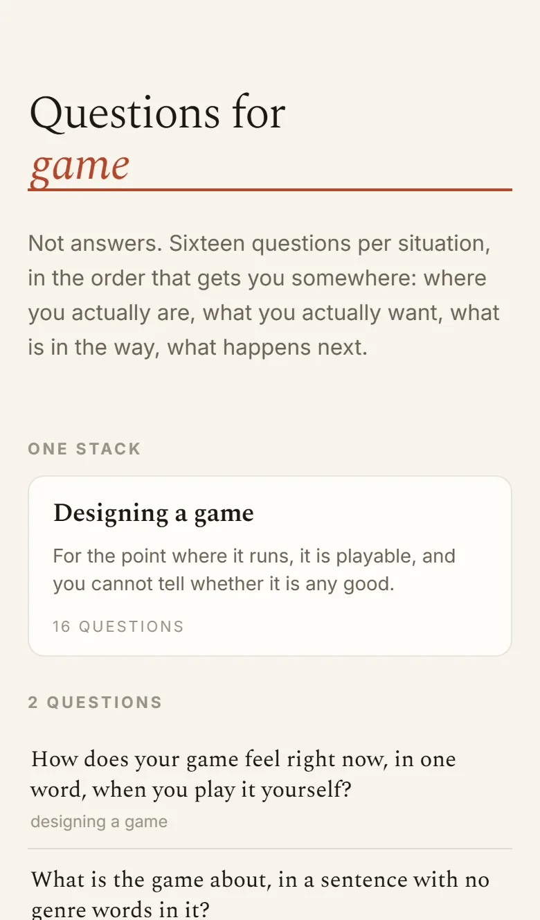 Typing game into the blank: one stack result, Designing a game, followed by the individual questions that match.