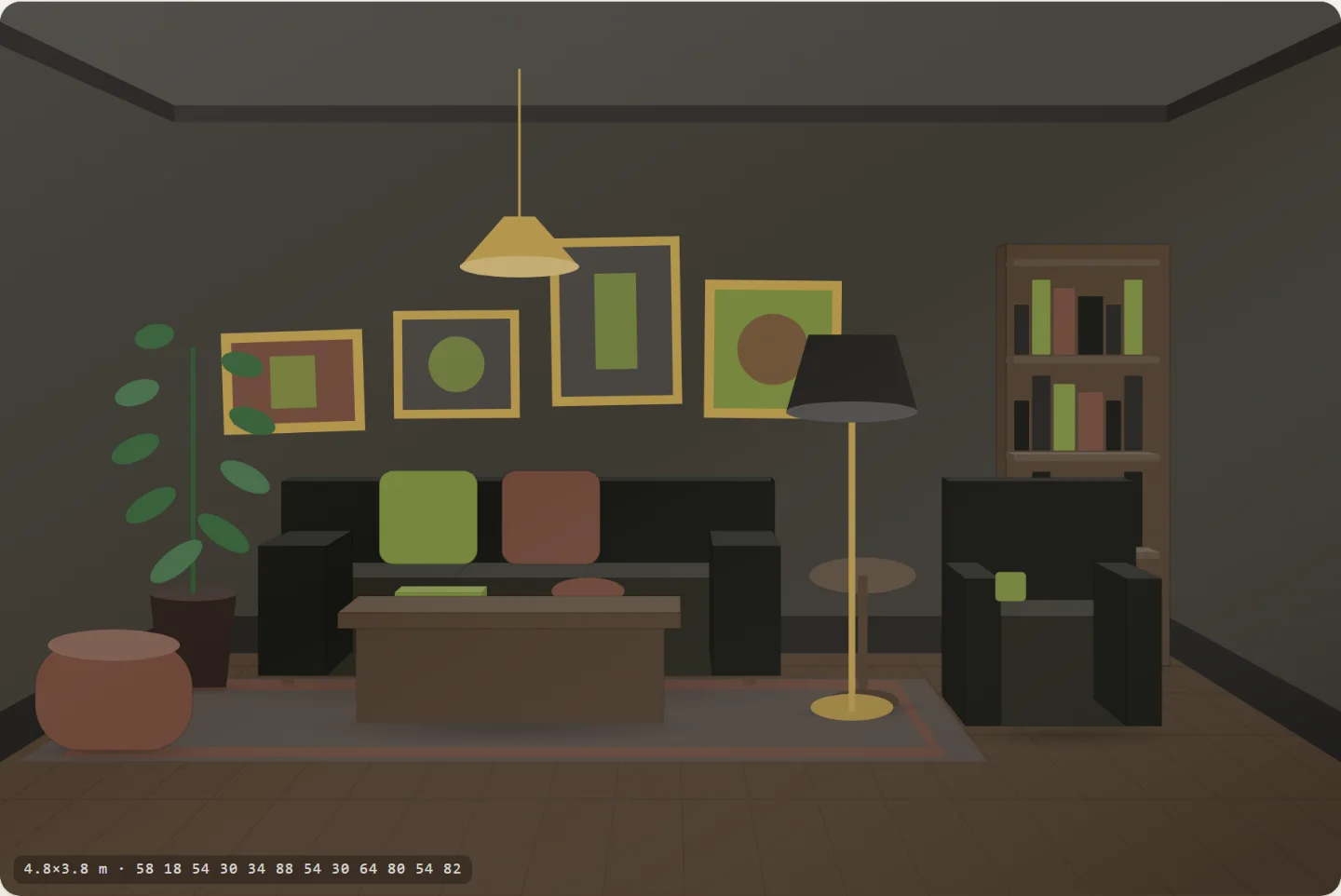 A near-black room: gold frames, a full bookcase, a dark sofa and a brass lamp.