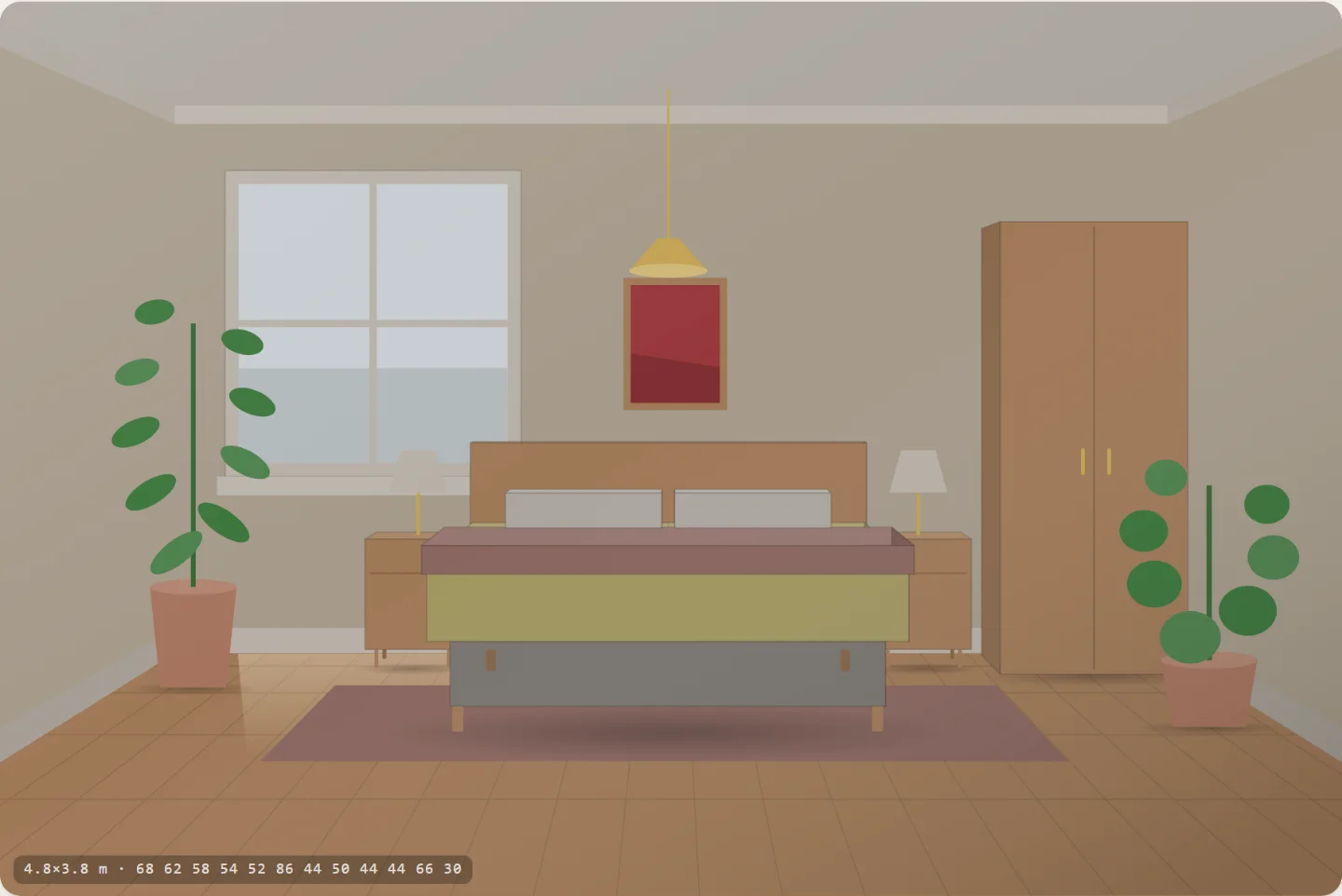 A bedroom: a double bed seen from the foot, a nightstand and lamp on each side, a wardrobe, a picture above the headboard.