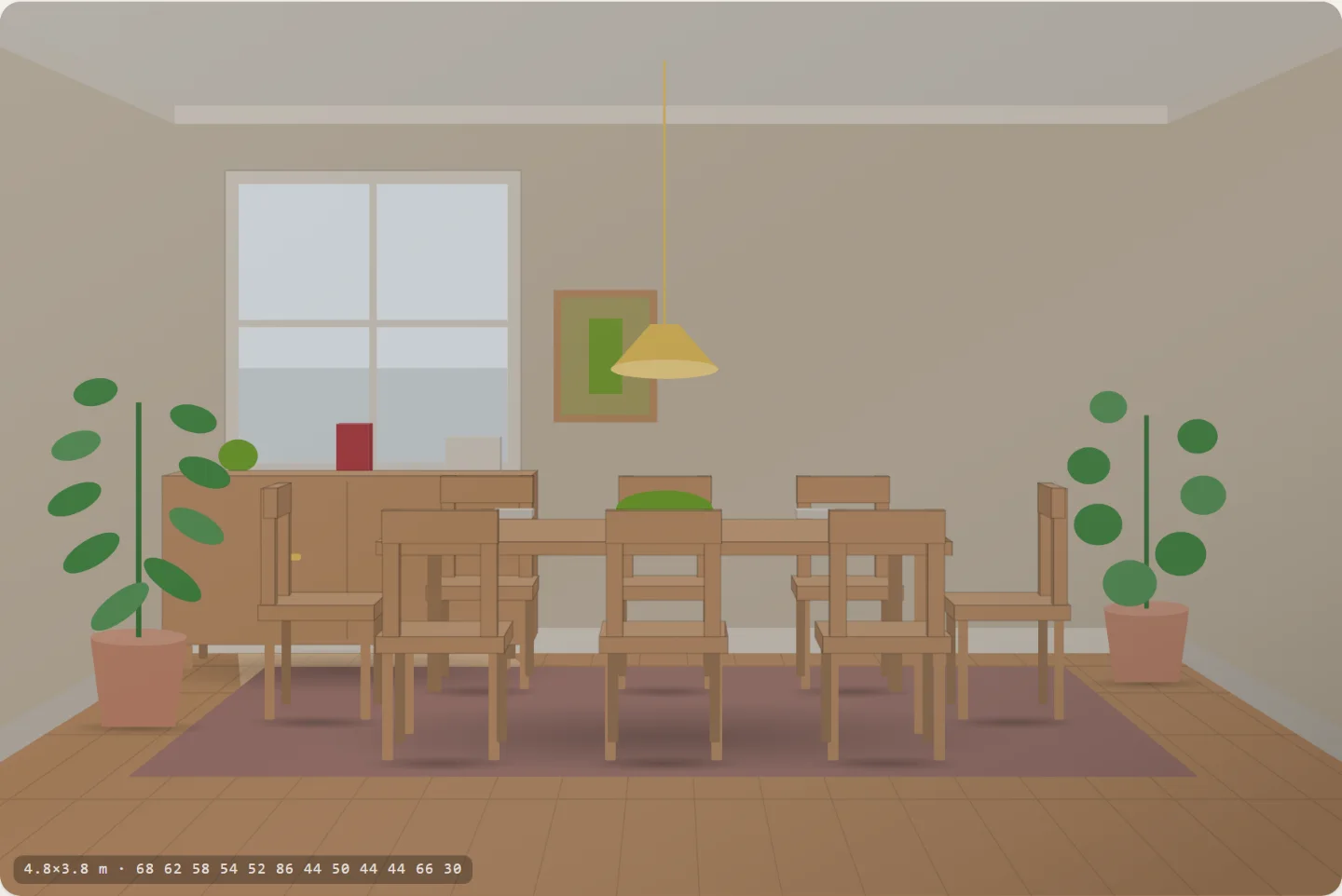 A dining room: a table with chairs on both sides and at each end, a pendant centred over it, a sideboard against the wall.