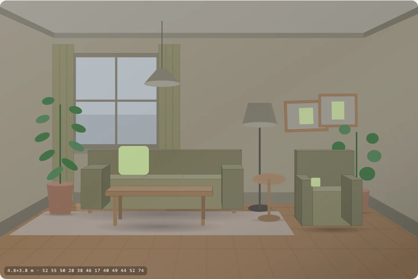 A muted heavy room with a low grounded sofa and a plain rug — the midpoint of two named styles.