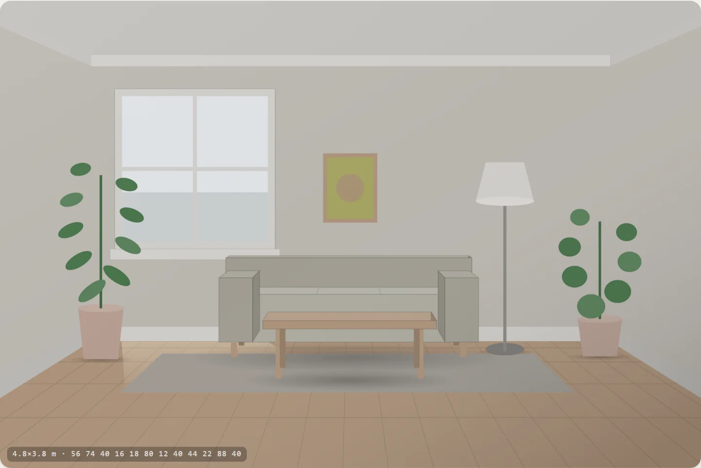 A pale warm room: oat wall, oak floor, one small framed picture, a sage sofa and two plants.