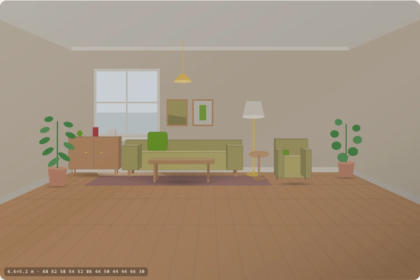 The same living room in a 6.6 by 5.2 metre room: the same furniture is a small cluster against the back wall with an expanse of empty floor in front of it.