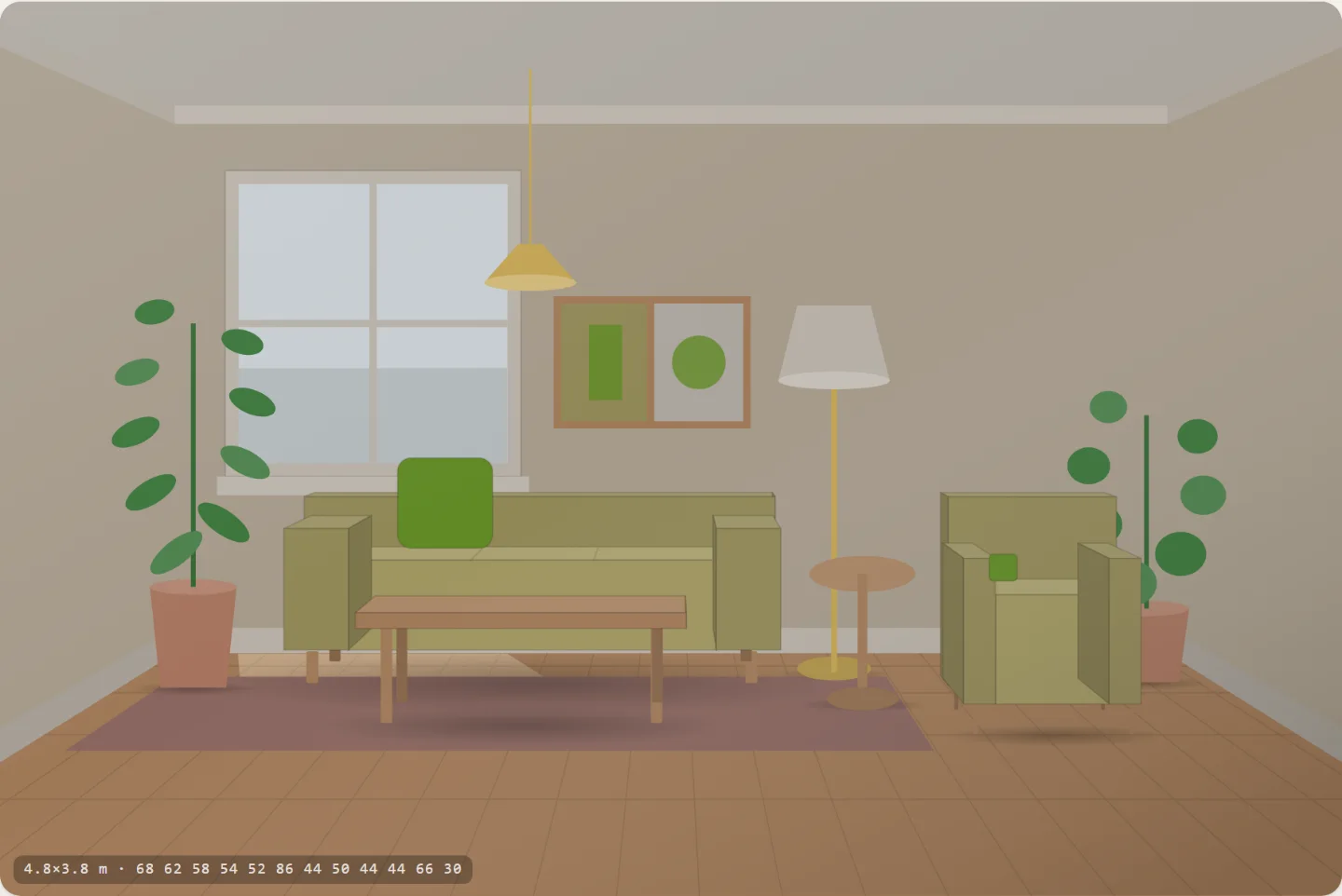 A living room: sofa, coffee table, armchair, side table, sideboard, floor lamp, two pictures.