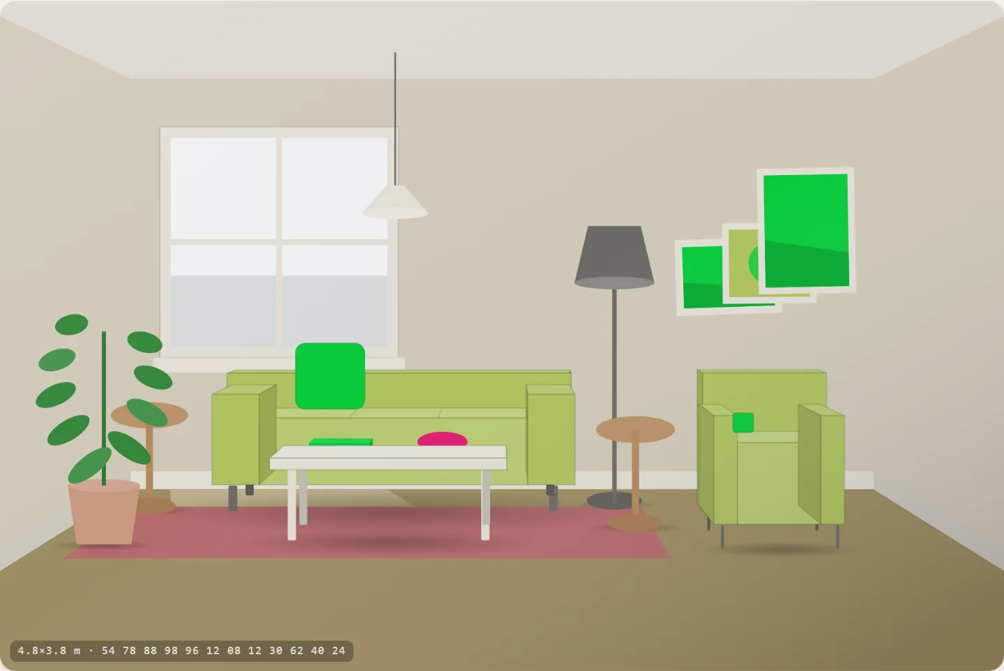 A bright room with saturated pink and turquoise blocks and no wood anywhere.