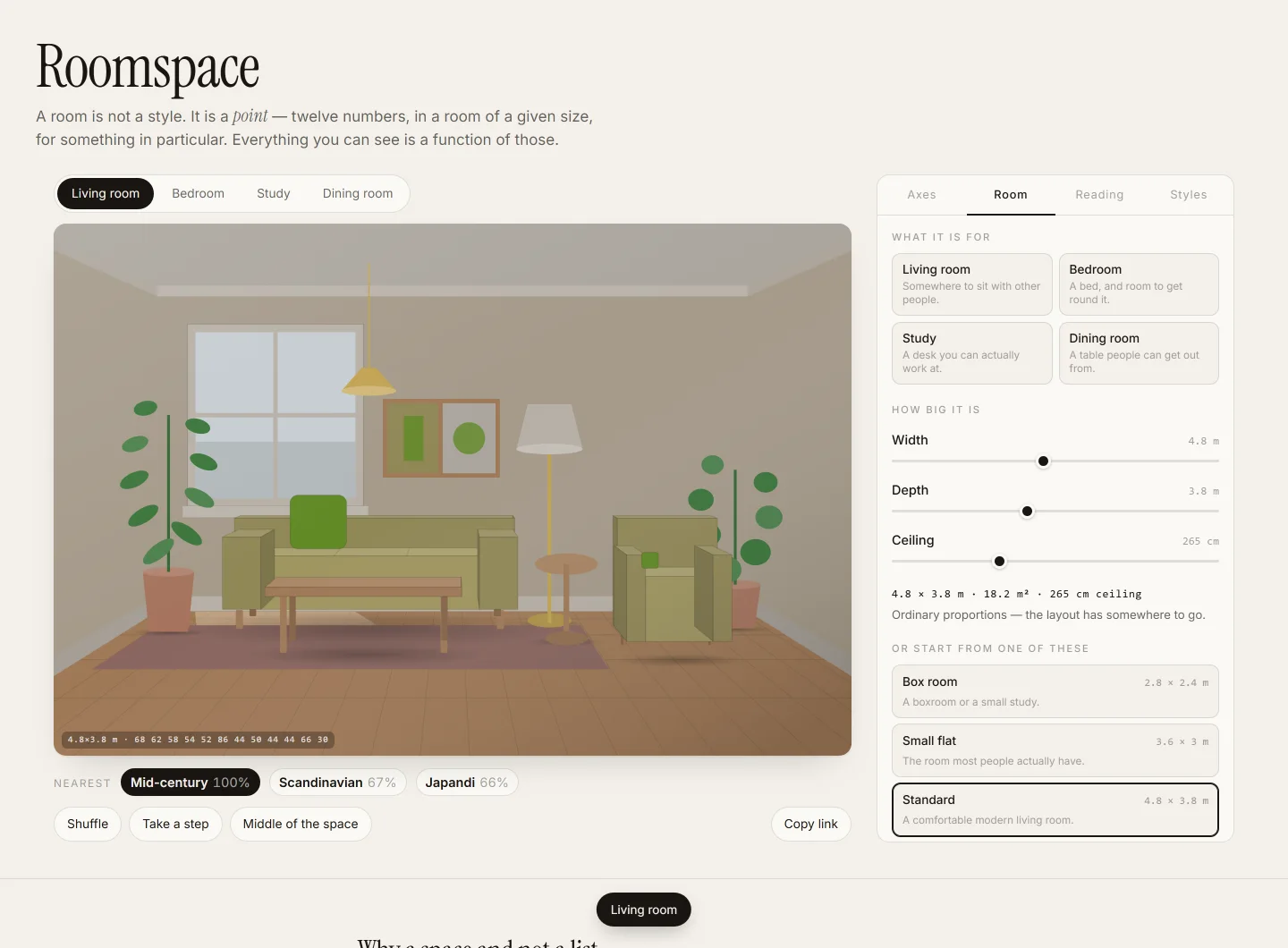 The app at desk width: a living room drawn in perspective with a window, sofa, coffee table, armchair and plants, a row of buttons above it reading Living room, Bedroom, Study, Dining room, and a panel on the right with room width, depth and ceiling sliders reading 4.8 by 3.8 metres, 18.2 square metres.