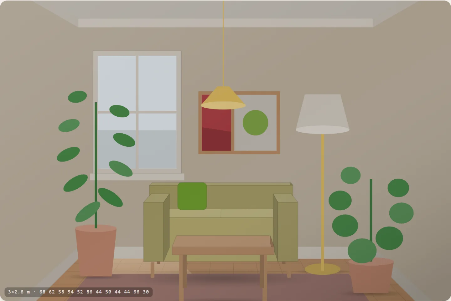 The same living room in a 3 by 2.6 metre room: the furniture fills the frame and the coffee table runs off the bottom edge.