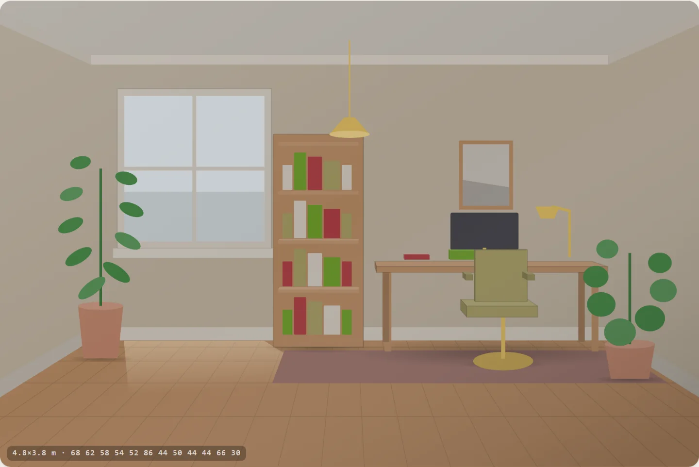 A study: a desk with a monitor and a task lamp, a desk chair seen from behind, a full bookcase, a picture on the free wall.