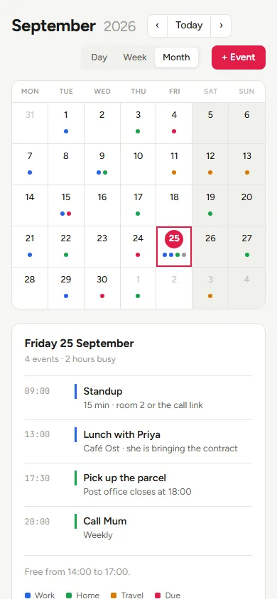 The calendar shell on a phone: the month grid keeps its day numbers and shows each event as a coloured dot, with the agenda below.