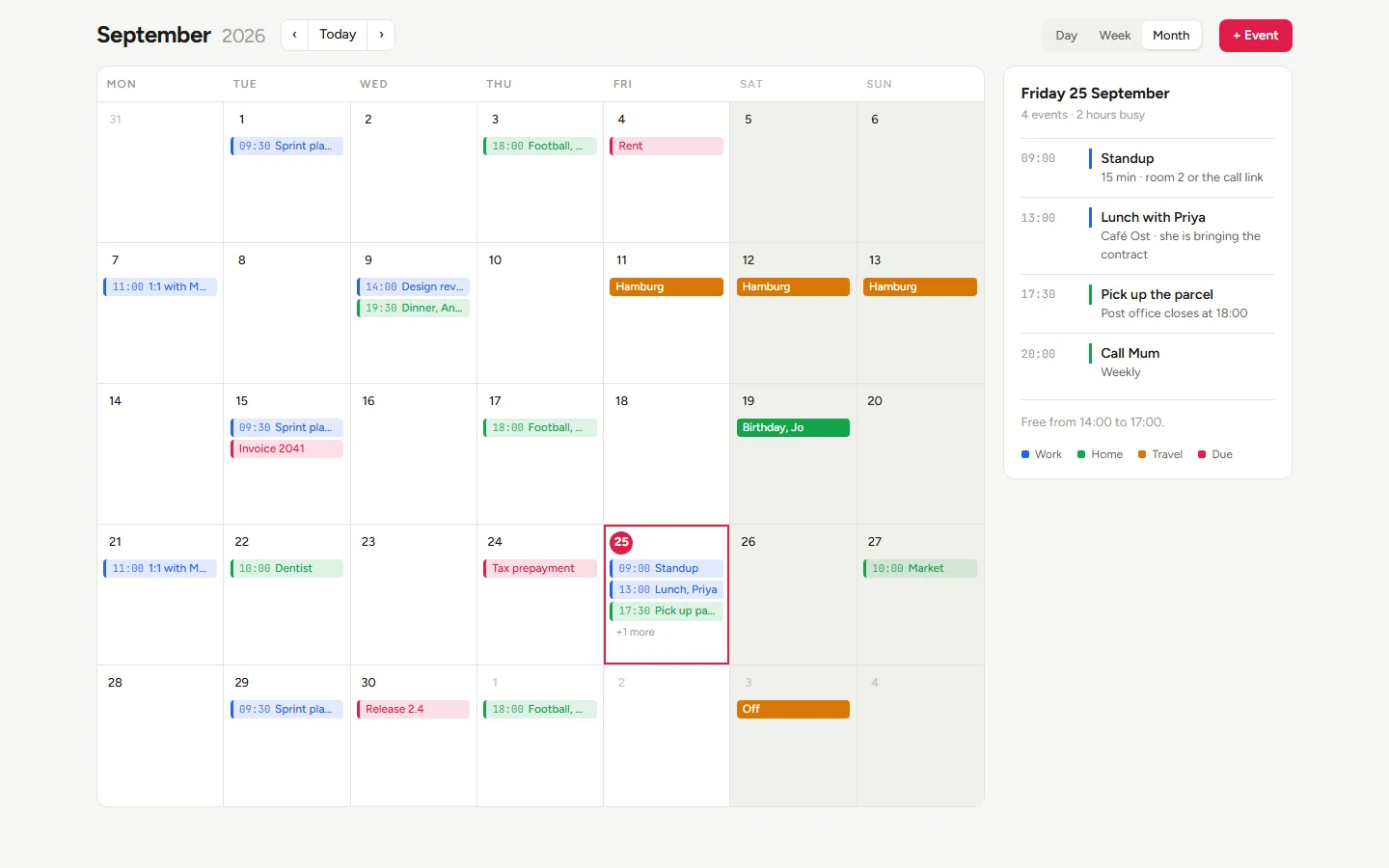 The calendar shell: a seven-column September grid with coloured event bars, a red today marker and an agenda panel.