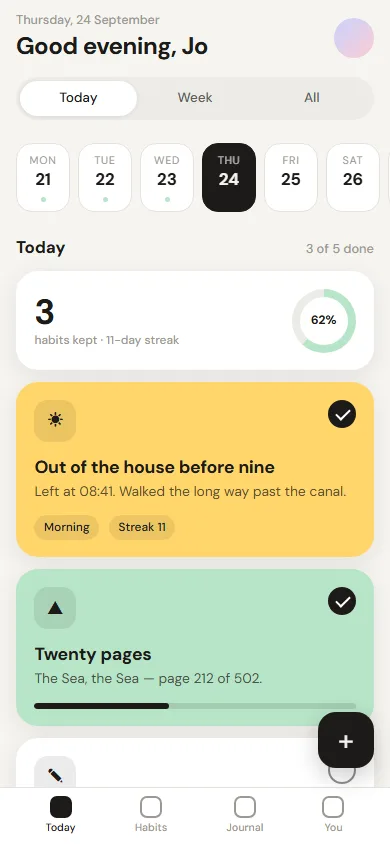 The card stack shell on a phone: a greeting, a segmented control, a day strip and yellow, mint and white habit cards with a floating plus button.