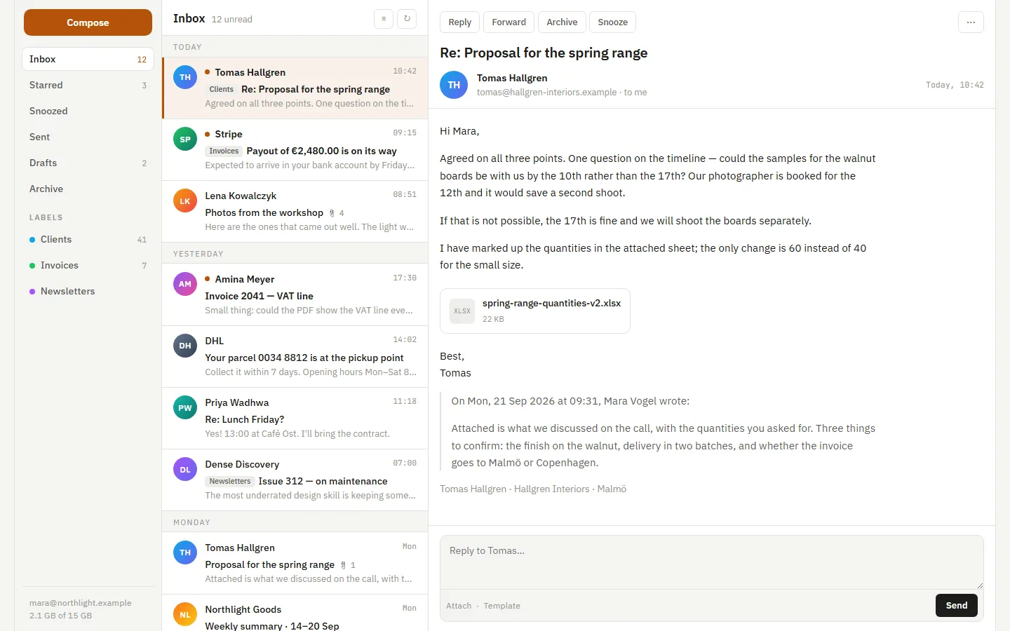 The inbox shell: folders with counts, a message list with unread dots and labels, and an open message with an attachment and a reply box.