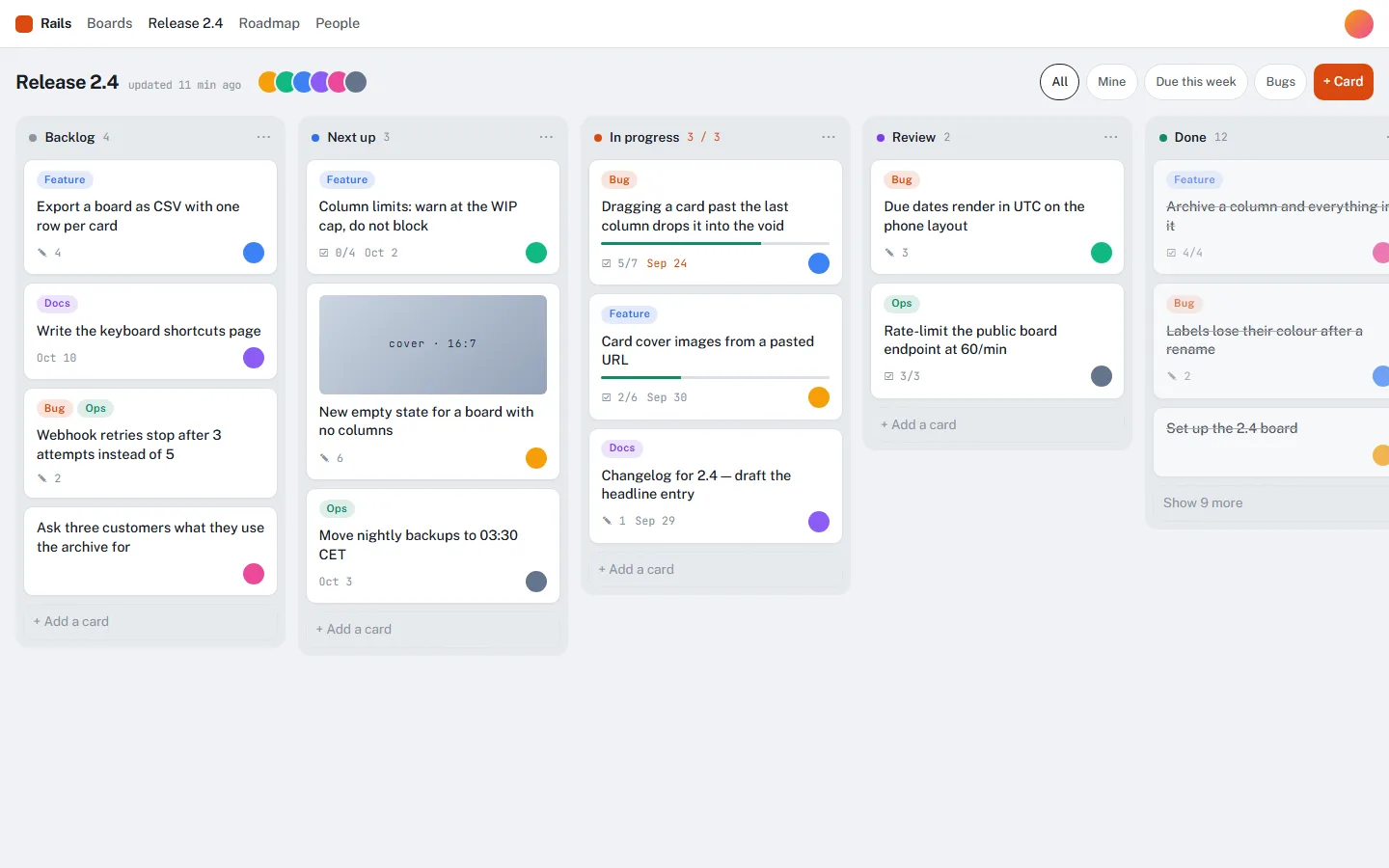 The kanban shell: five columns of cards with coloured labels, avatars, due dates and checklist counts on a grey board.