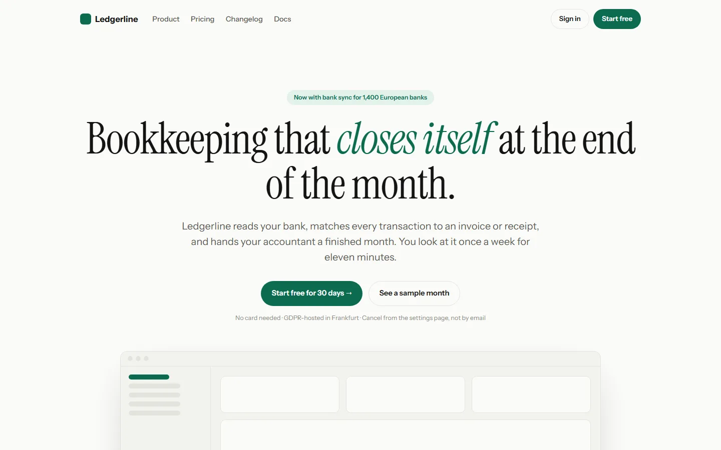 The landing shell: a centred serif headline reading Bookkeeping that closes itself at the end of the month, two buttons and a framed product mock.
