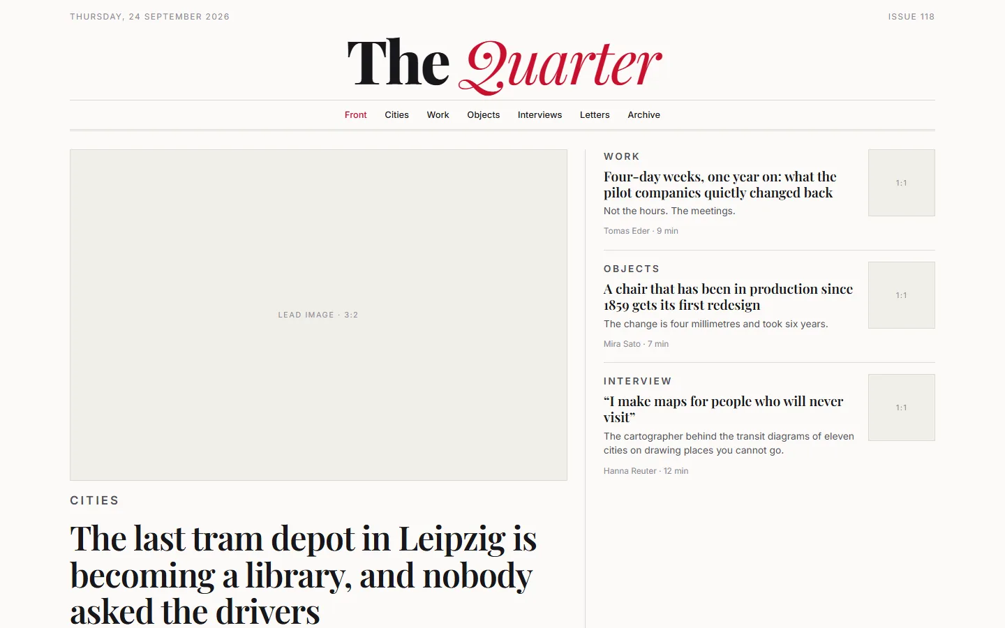 The magazine shell: a centred serif masthead reading The Quarter, a lead story with a large image placeholder and three secondary stories with thumbnails.