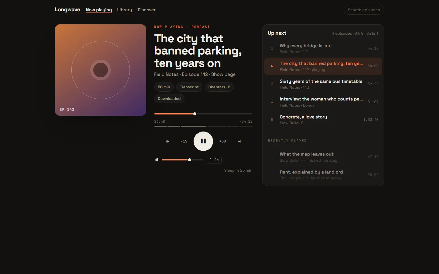 The media player shell in dark mode: a gradient cover, a large episode title, a scrubber with chapter marks, transport buttons and a queue.
