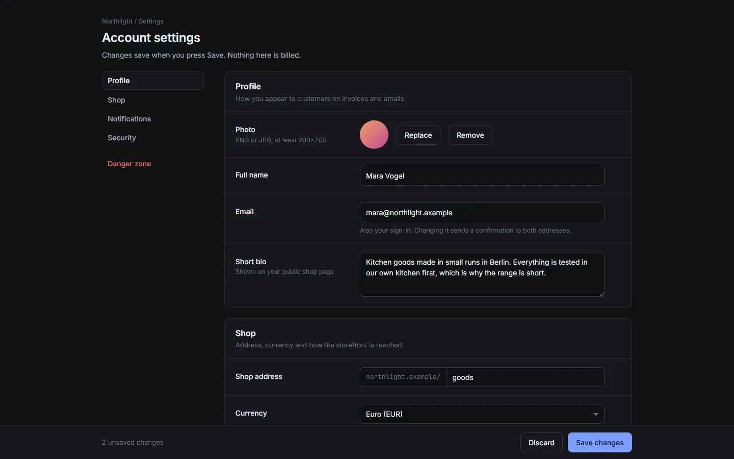 The settings shell in dark mode: a section rail and cards of label-and-control rows on a near-black ground.