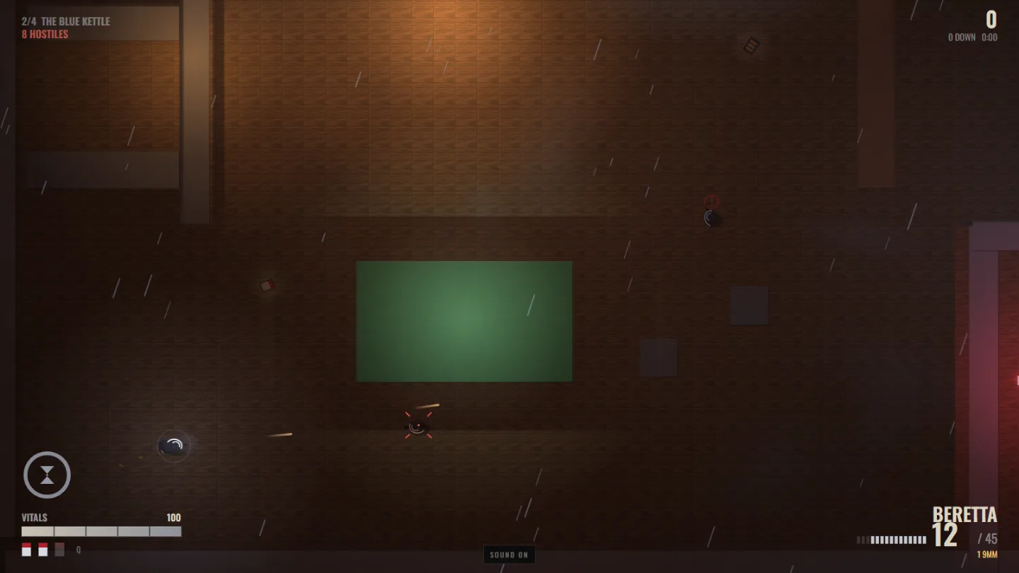 A dim bar interior lit by a pool-table lamp, muzzle flash lighting the wooden floor.