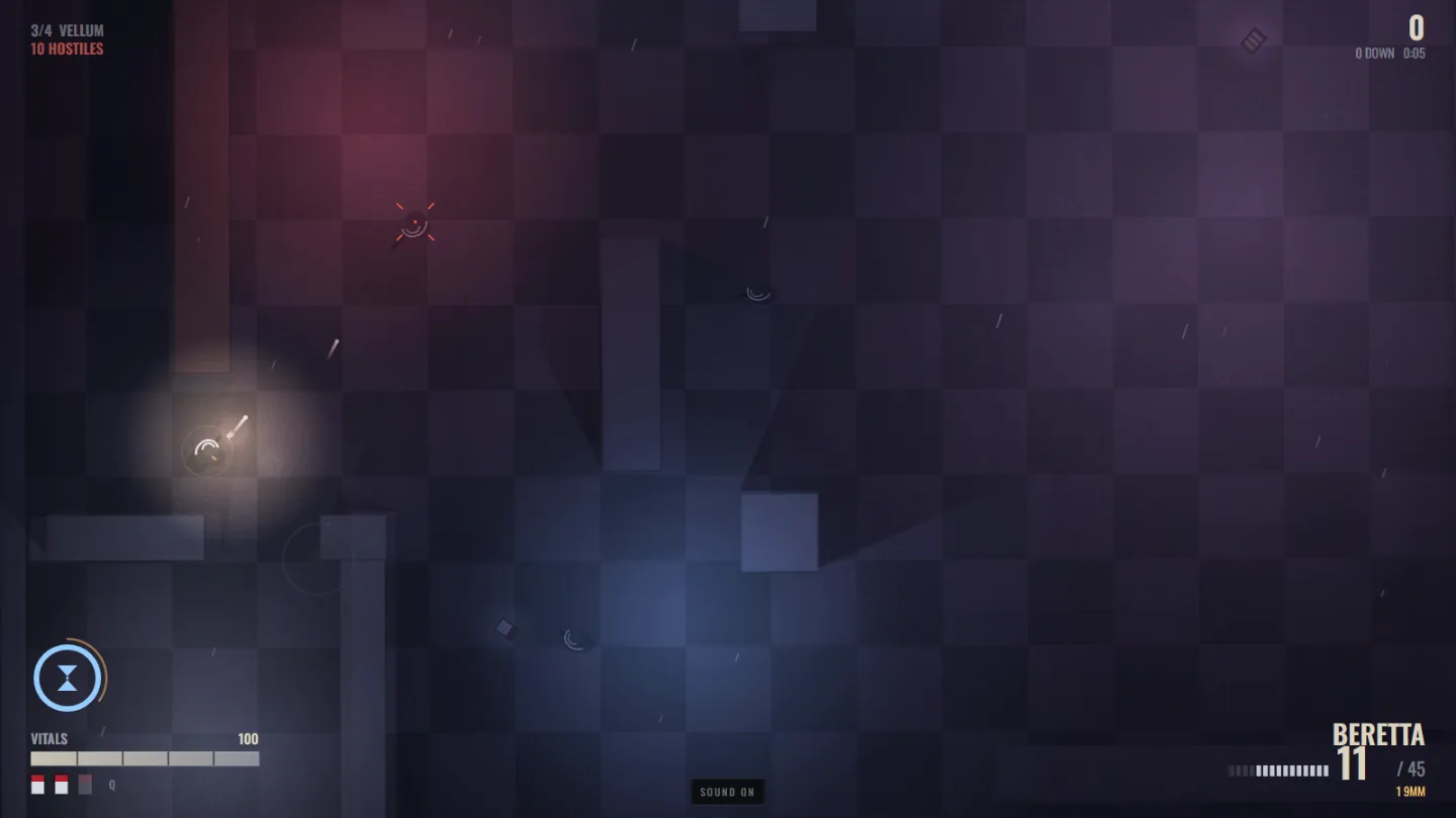 A nightclub dance floor washed in magenta and blue neon during a slow-motion firefight.