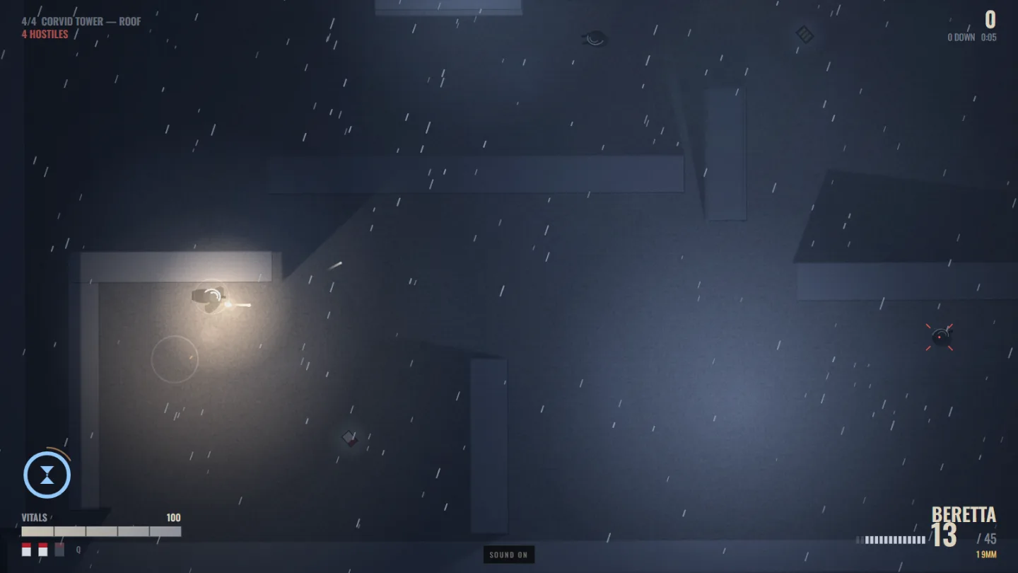 A rooftop in heavy rain with air-conditioning units, blood on the gravel and a body.