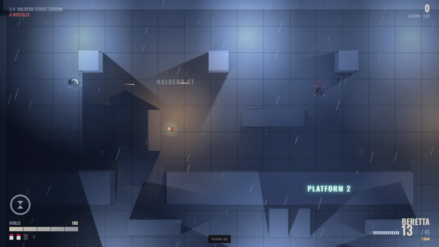 Slow Rain gameplay: a detective fires down a rain-lashed subway platform while an alerted gunman turns, with hard shadows thrown by the station columns.