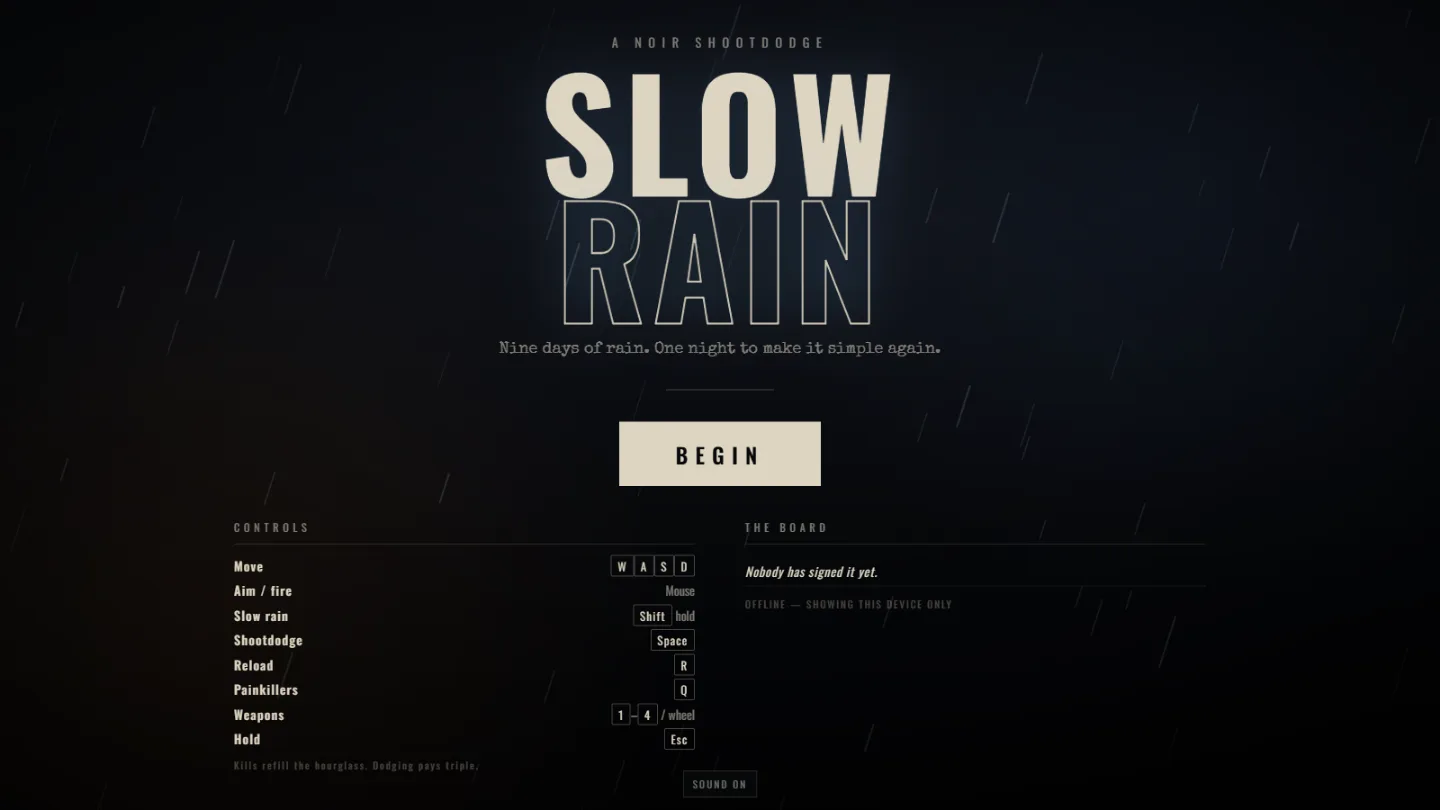 The Slow Rain title screen: heavy display type over falling rain, with a controls list and a leaderboard.