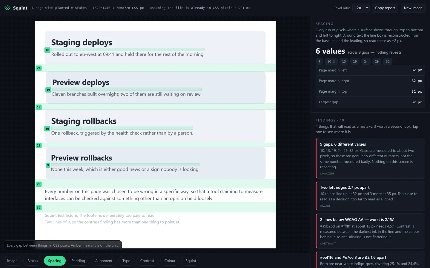 The app: a screenshot of a settings page on the left with green bands drawn across every gap and the size of each one labelled in pixels, and a panel on the right reading 6 values across 9 gaps — nothing repeats, followed by a list of findings.