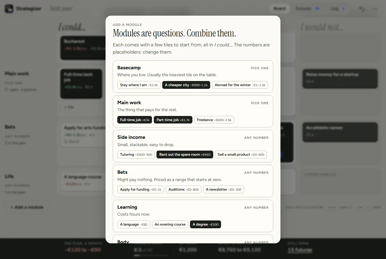 The Add a module sheet, headed Modules are questions. Combine them. Basecamp, Main work, Side income, Bets and Learning are listed, each marked pick one or any number, each with three sample tiles, the heavy ones dark.
